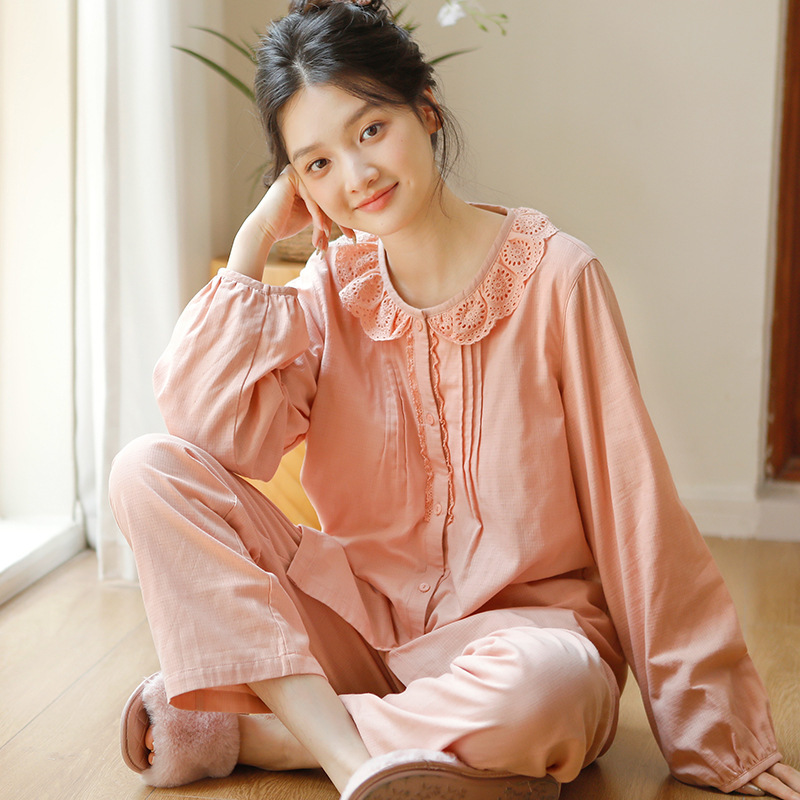 女士春秋純棉蕾絲花邊薄款家居服