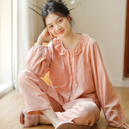 女士春秋純棉蕾絲花邊薄款家居服