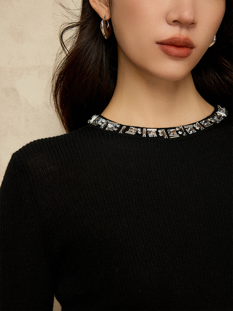 女士釘珠正肩純羊毛針織衫