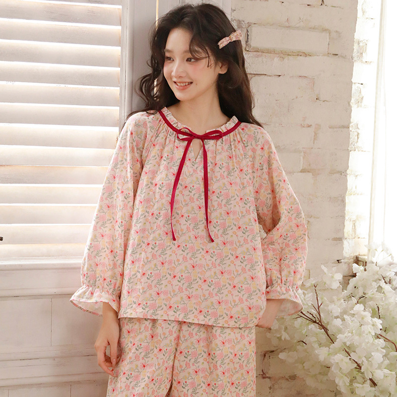 女春秋棉紗碎花九分袖居家服