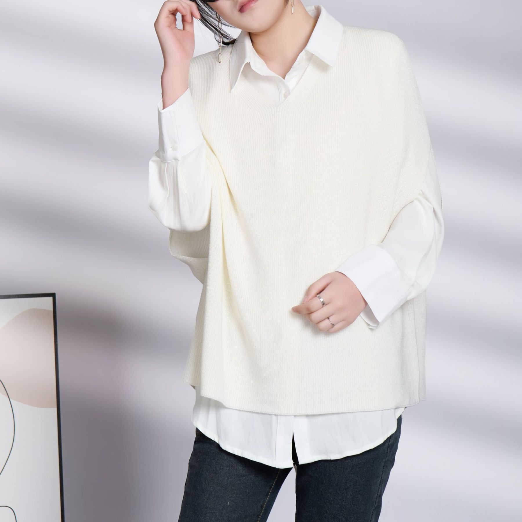 女士春秋V領寬鬆針織馬甲