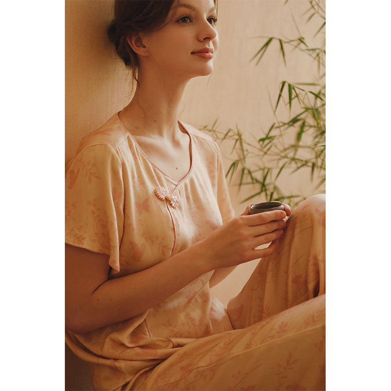 女款貢緞國風斜襟扣竹林印花睡衣套裝