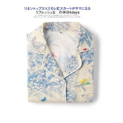 女士春夏莫奈花卉翻領長袖長褲睡衣