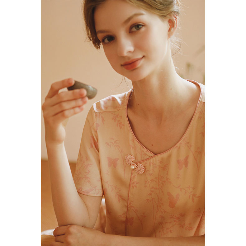 女款貢緞國風斜襟扣竹林印花睡衣套裝