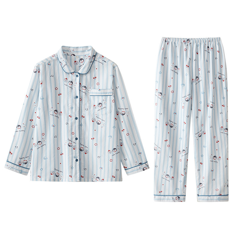 女士春秋純棉磨毛卡通企鵝長袖長褲居家服