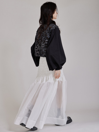 女士春秋蕾絲拼接大袖子長袖T恤