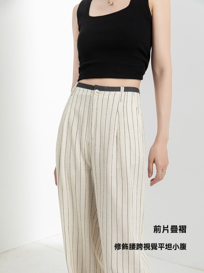 女士夏季亞麻小個子條紋窄版闊腿褲