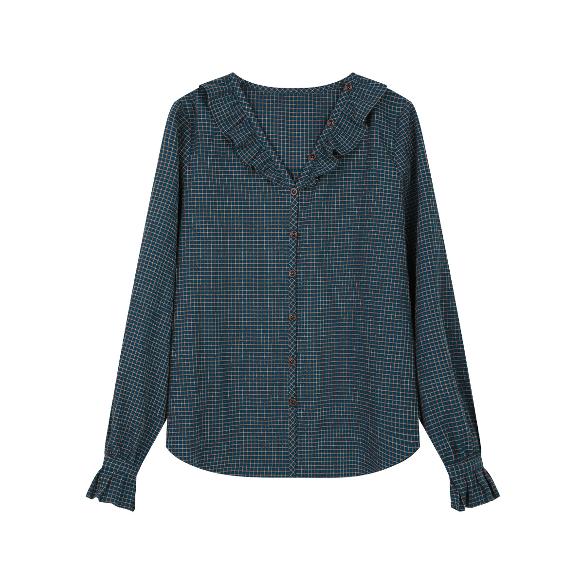 女士春秋法式V領荷葉邊格子襯衫