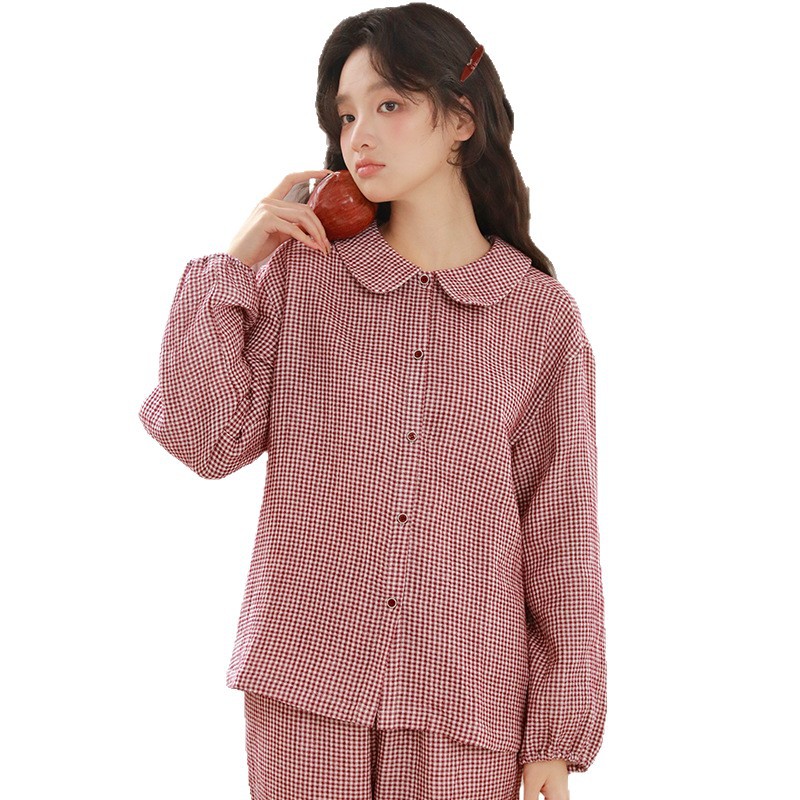 春季純棉紗格紋娃娃領長袖家居服