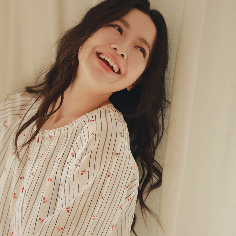 女春夏純棉花邊圓領長袖家居服