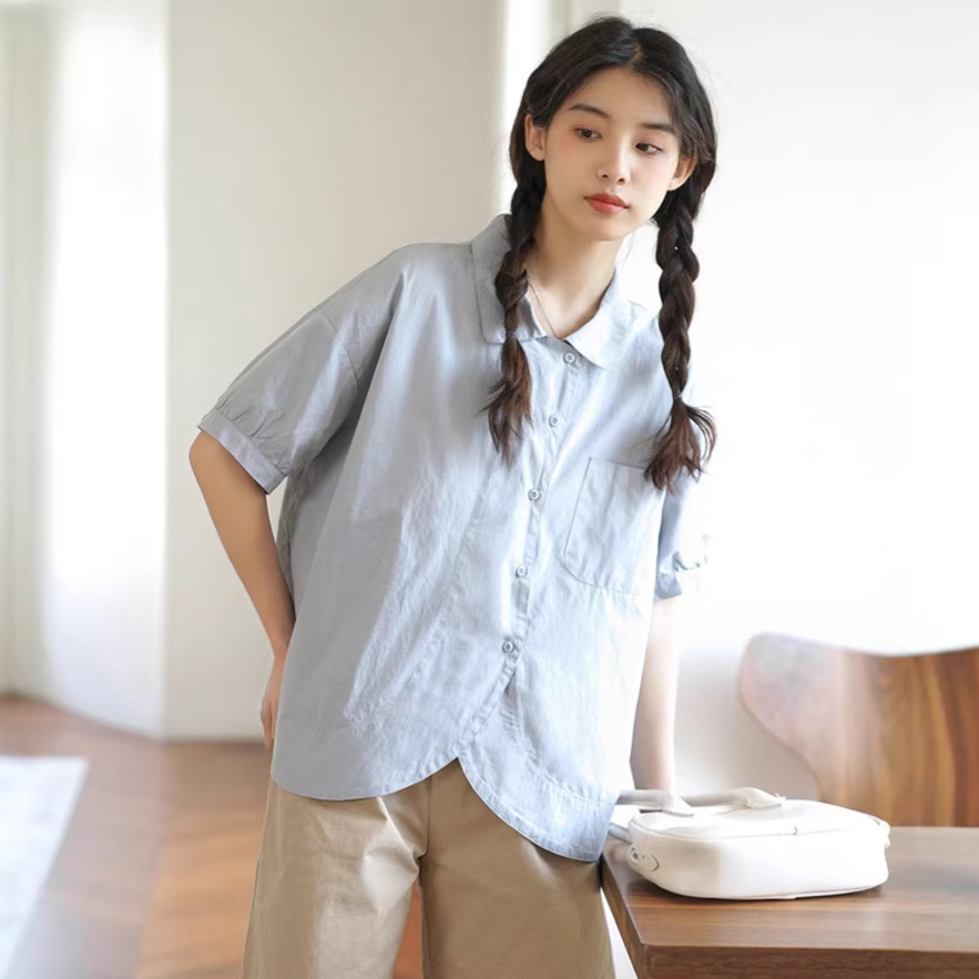 女夏復古小翻領短袖衫衣