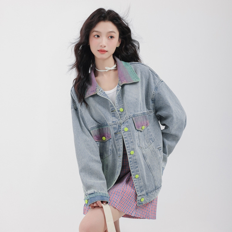 女士春秋炸街拼色個性牛仔外套