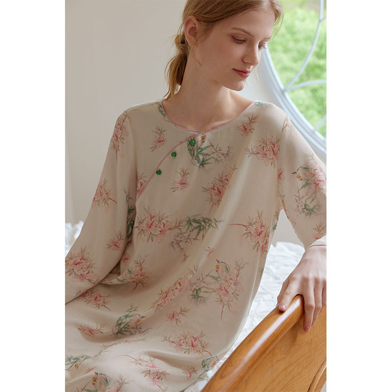 女竹棉國風斜襟桃竹印花長袖睡裙