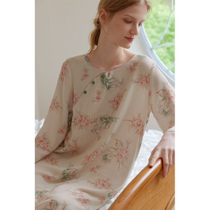 女竹棉國風斜襟桃竹印花長袖睡裙