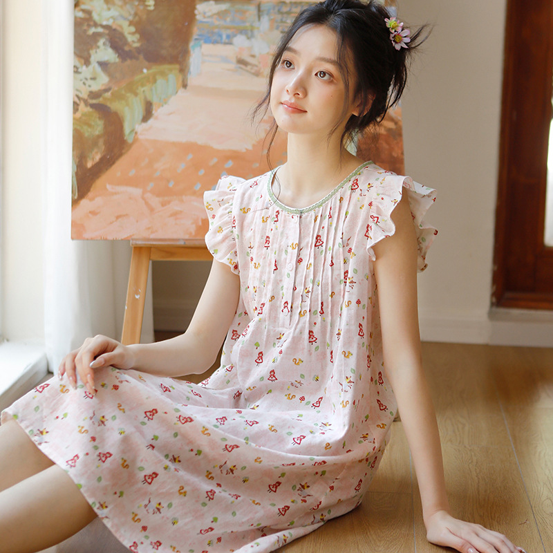 女款夏季碎花小飛袖無袖睡裙