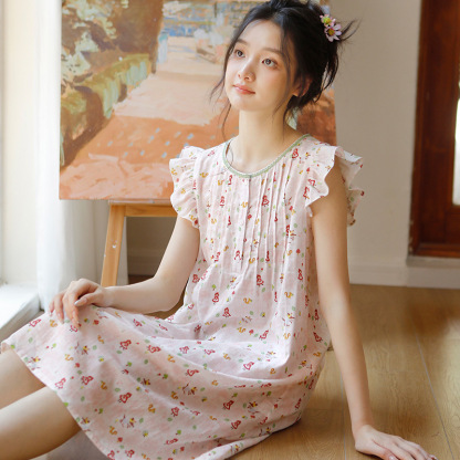 女款夏季碎花小飛袖無袖睡裙