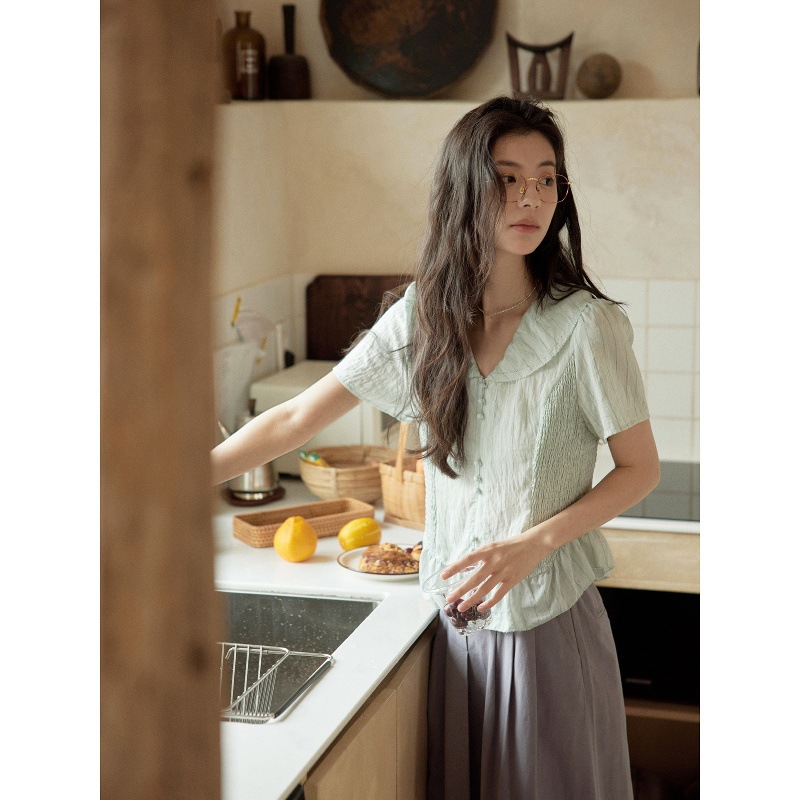 女夏亞麻條紋V領短袖襯衫