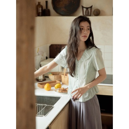 女夏亞麻條紋V領短袖襯衫