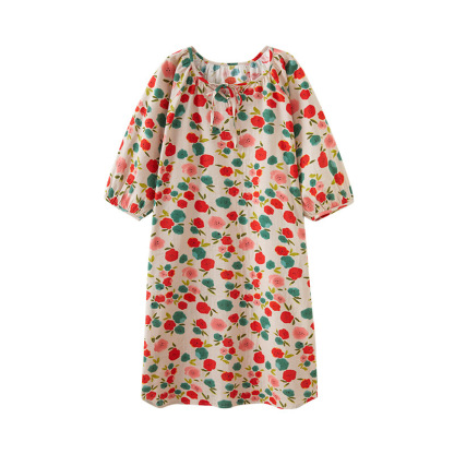 女夏純棉紗布紅花朵睡裙居家服