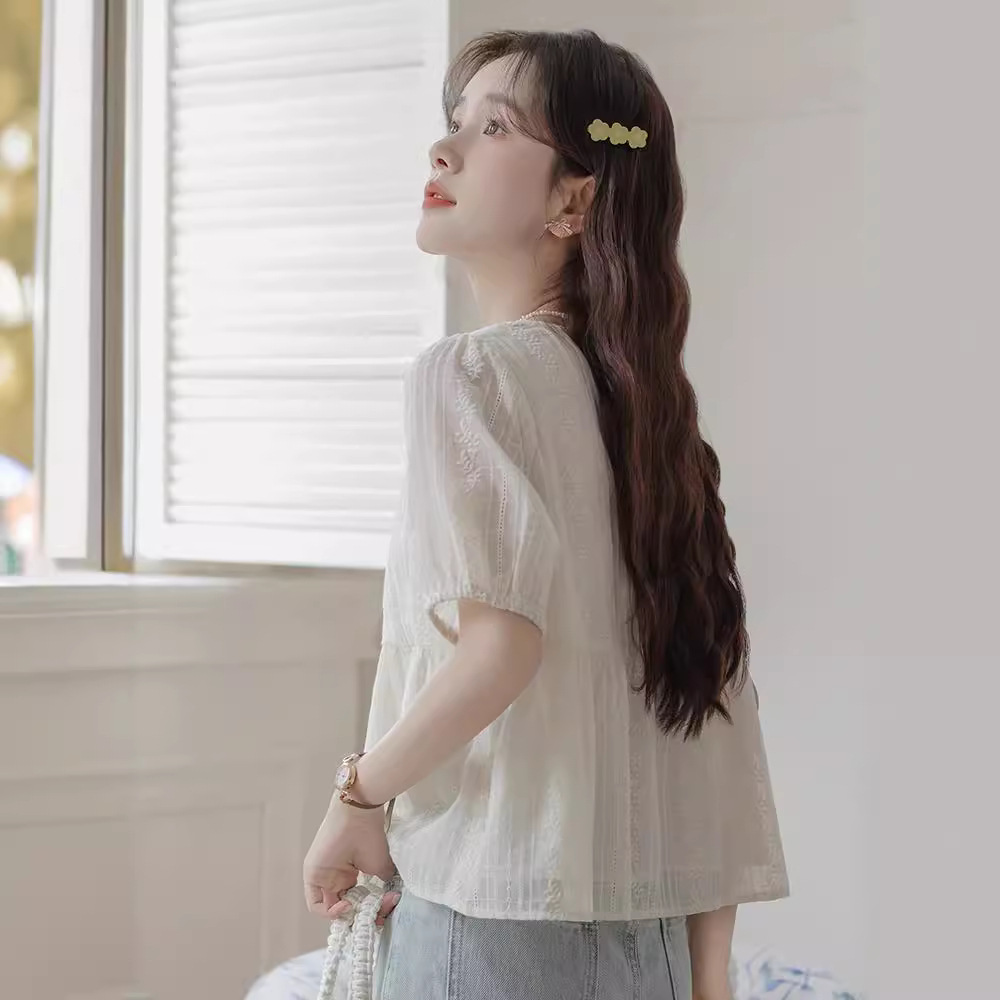 女夏花邊提花V領短袖襯衫
