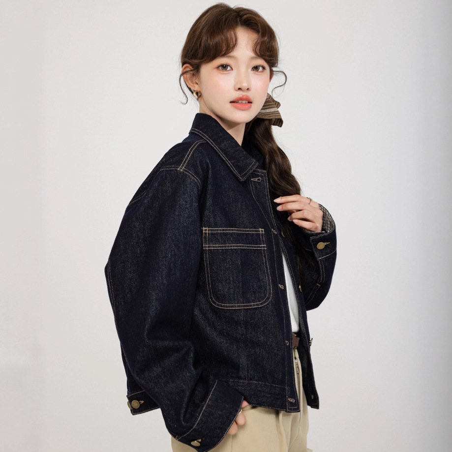 女士秋冬水洗藍格子袖口水洗牛仔外套