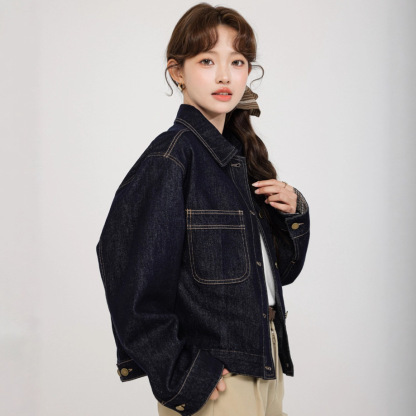 女士秋冬水洗藍格子袖口水洗牛仔外套