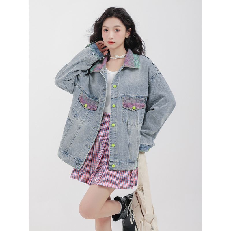 女士春秋炸街拼色個性牛仔外套