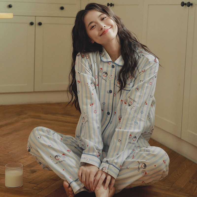 女士春秋純棉磨毛卡通企鵝長袖長褲居家服