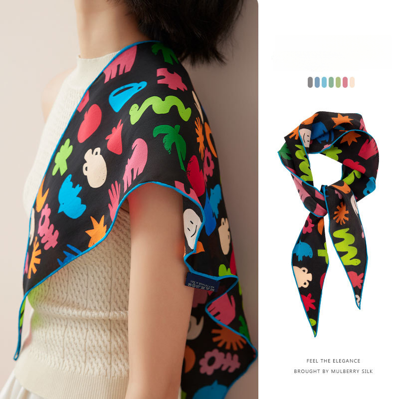 桑蠶絲趣味塗鴉三角絲巾綁髮綁包