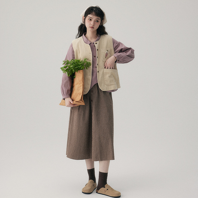 女士春秋燈芯絨刺繡小口袋馬甲