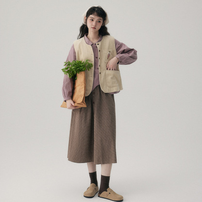 女士春秋燈芯絨刺繡小口袋馬甲