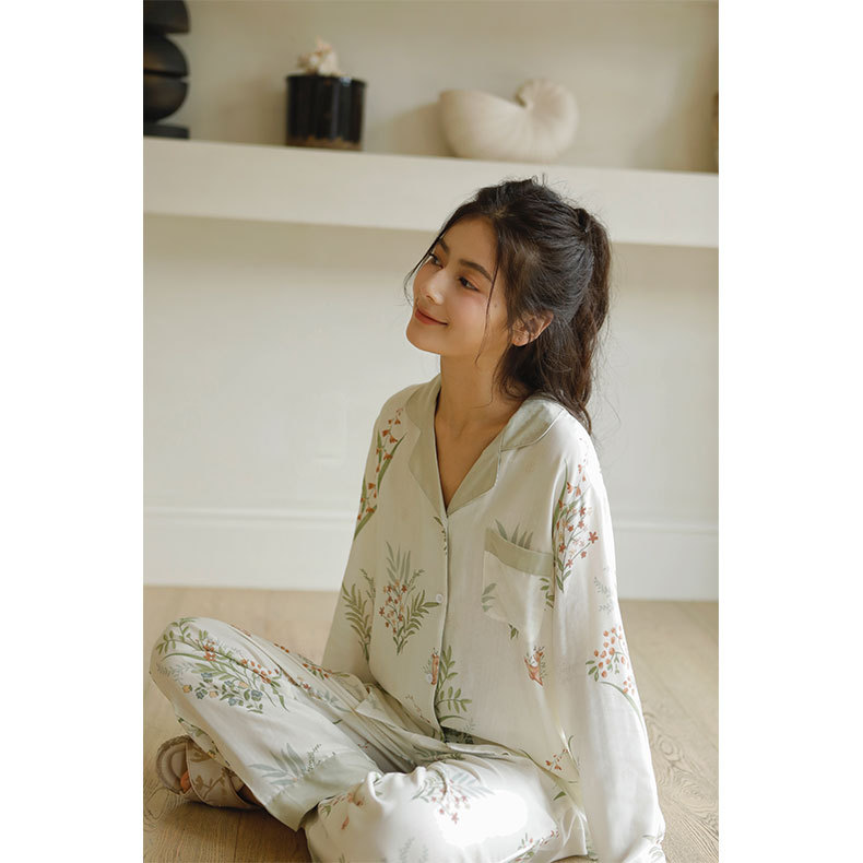 女士春秋天竹纖維淡雅印花翻領撞色長袖睡衣套裝