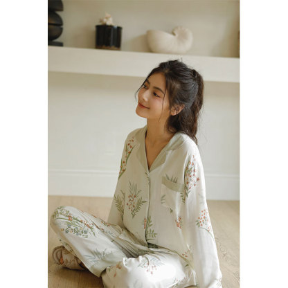 女士春秋天竹纖維淡雅印花翻領撞色長袖睡衣套裝