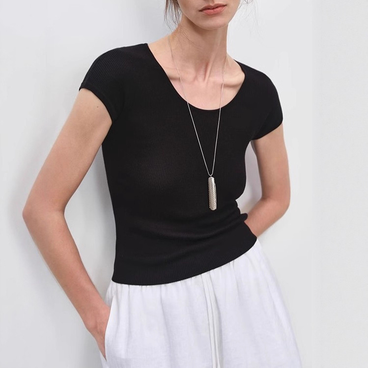 女醋酸天絲U領坑條高彈短袖T恤