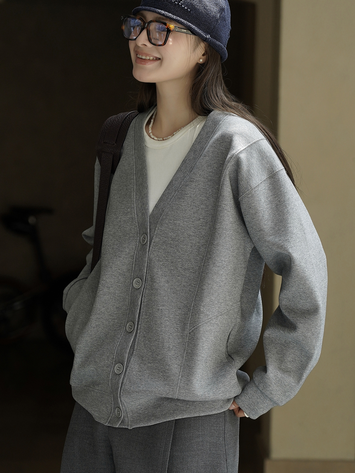 女士春秋韓系V領分割開衫衛衣