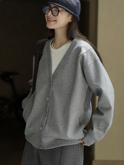 女士春秋韓系V領分割開衫衛衣