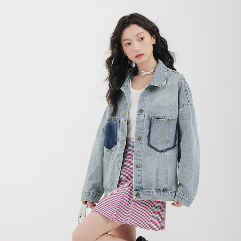 女士春秋港風拼色多口袋牛仔外套