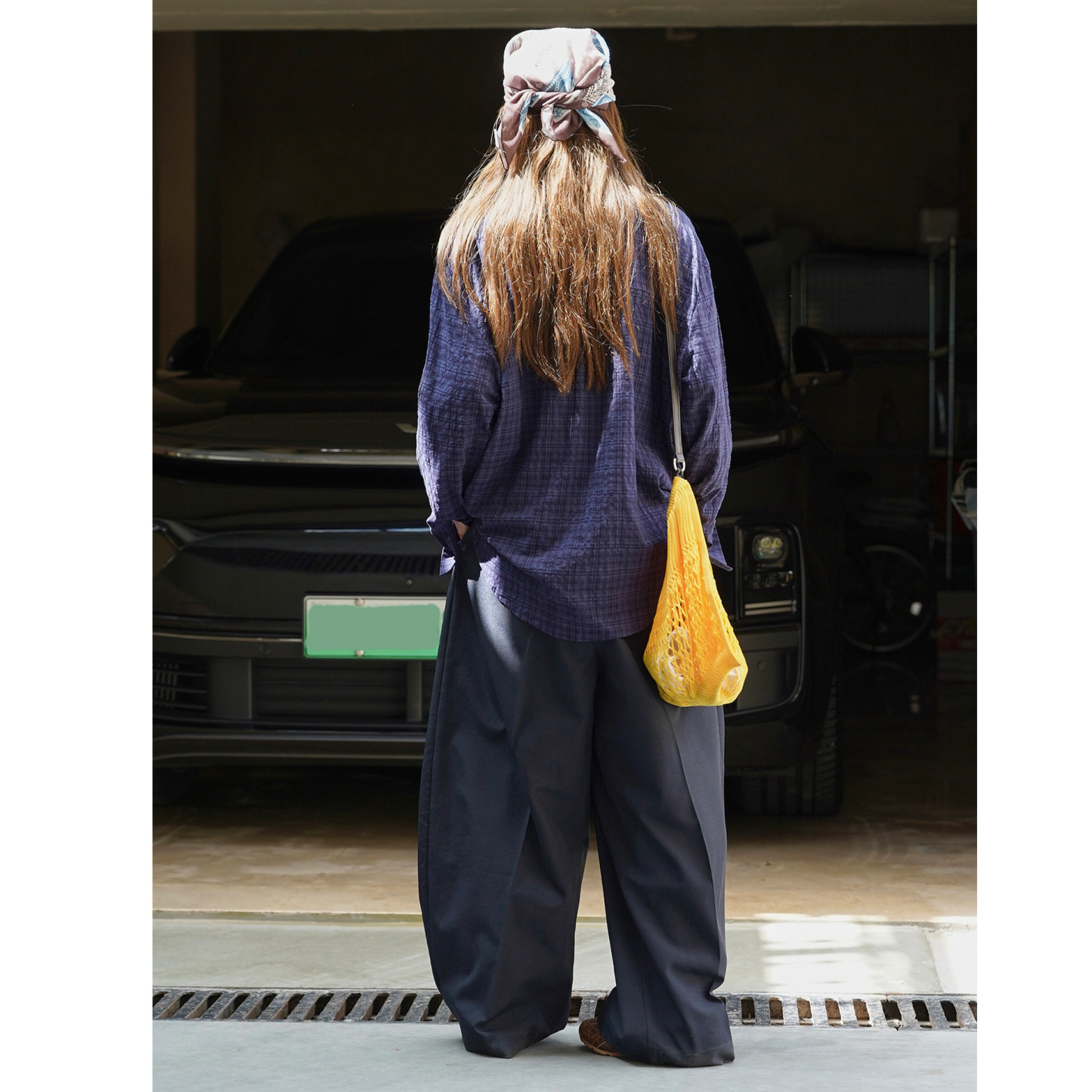 女春秋風藍色格紋襯衫