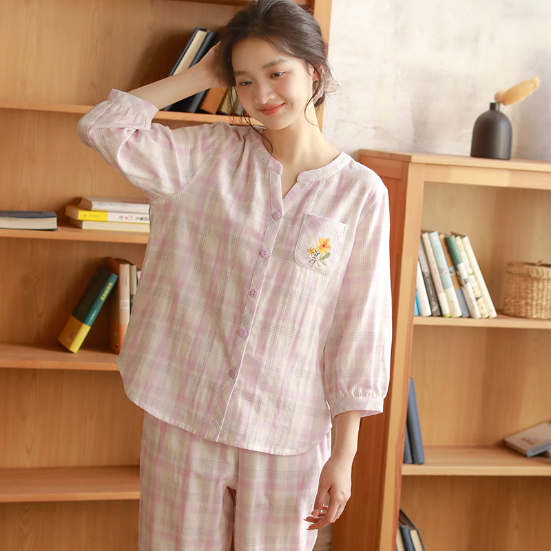 女款棉紗格紋V領七分袖長褲睡衣套裝