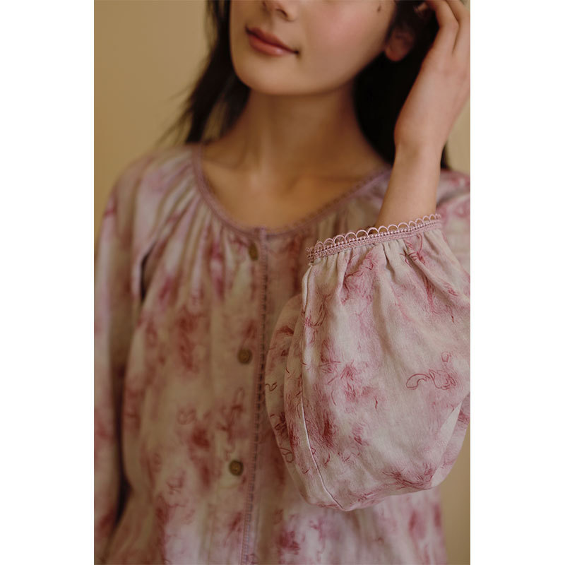 女款棉紗紫影印花長袖長褲睡衣套裝