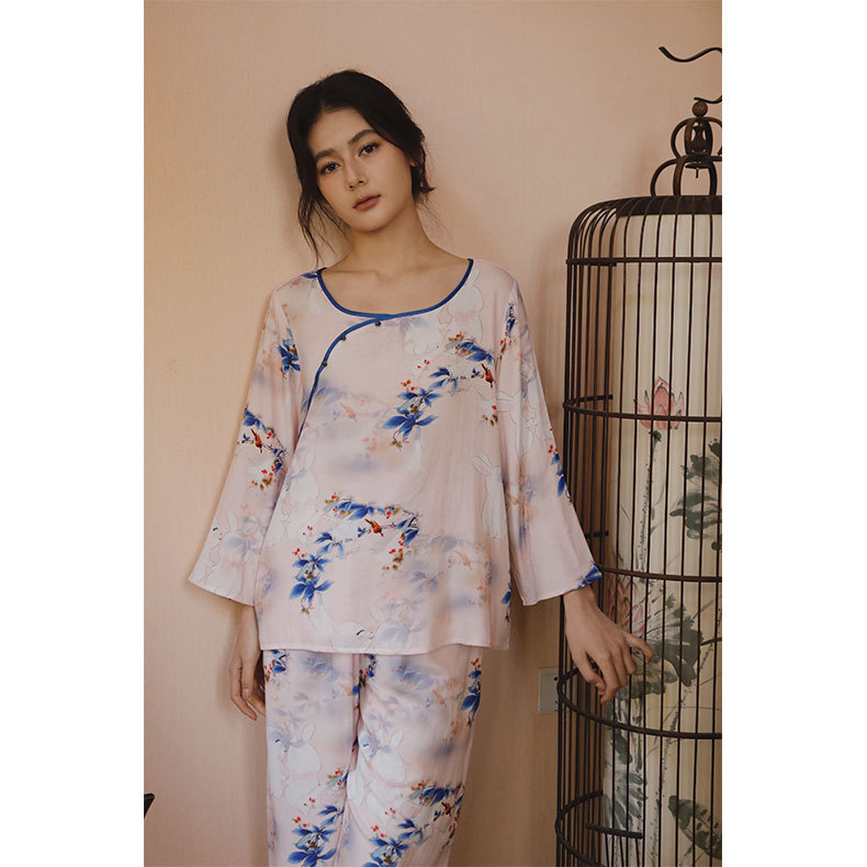 女款竹棉國風斜襟南笙印花長袖睡衣套裝