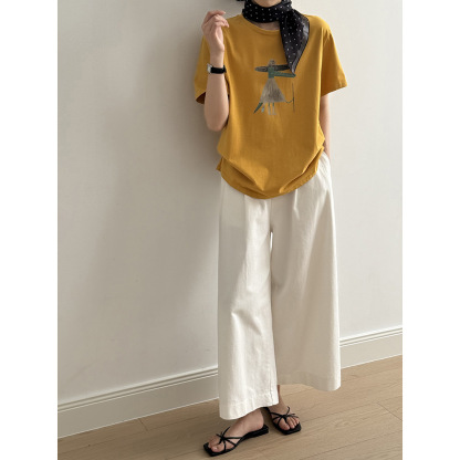 女士水洗棉含腰帶直筒闊腿褲