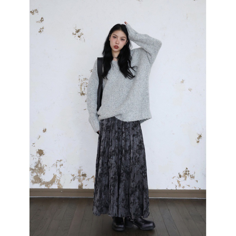 女士印花褶皺加厚絲絨半身裙