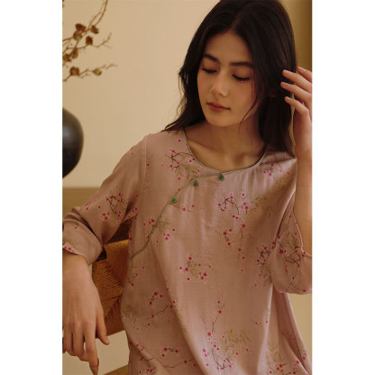 女竹棉紗新中式斜襟臘梅長袖睡裙