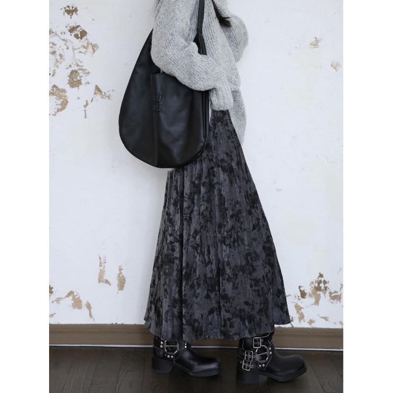 女士印花褶皺加厚絲絨半身裙