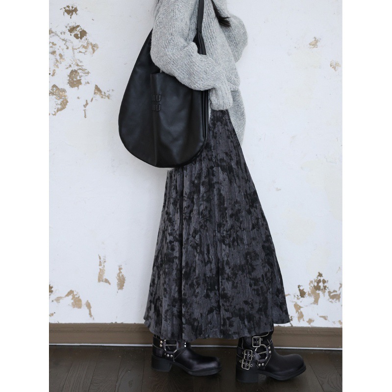 女士印花褶皺加厚絲絨半身裙