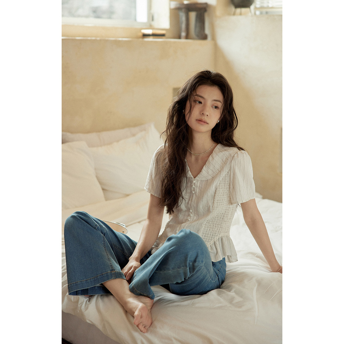 女夏亞麻條紋V領短袖襯衫