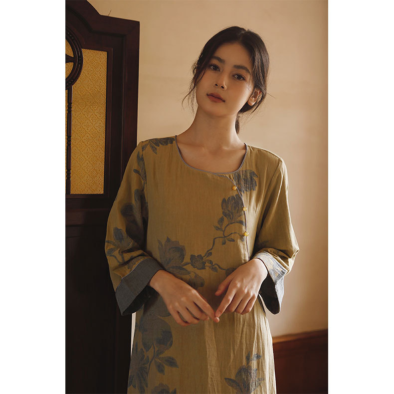  棉紗新中式斜襟古風玉蘭提花長袖睡裙