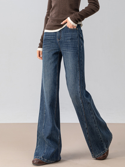 女士秋季復古微喇拖地牛仔褲