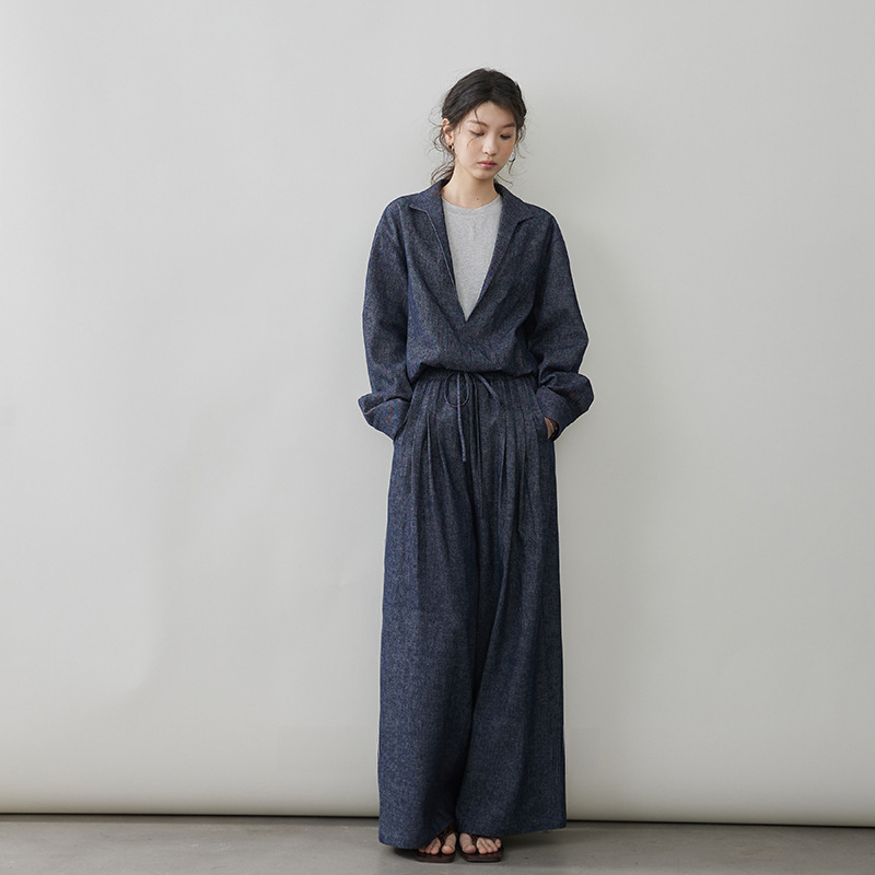 女士春秋亞麻棉牛仔假兩件套裝